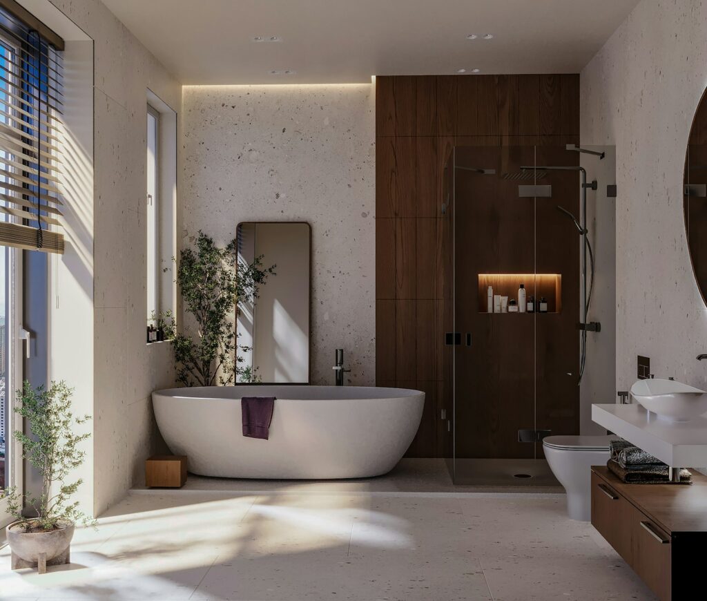 Spa-style bathroom with a freestanding tub and walk-in shower